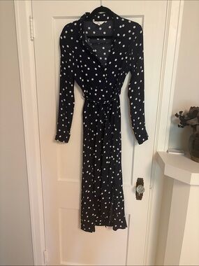 Polka Dot Wrap Midi Dress - Navy & White